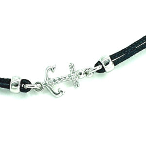 Bracciale in corda con elemento a forma di "ancora" in argento 925. Lunghezza bracciale 17+3 cm